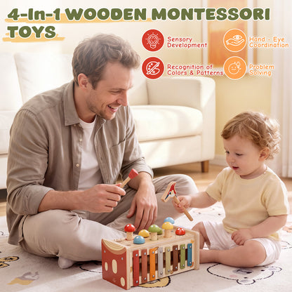 Wooden Montessori Toys for 1 Year Old, Hammering Pounding Toy with Xylophone, Educational Learning Toys, Baby Activity Toys for 1 2 3 Year Old, Preschool Toys, Birthday Gifts (Dinosaur)