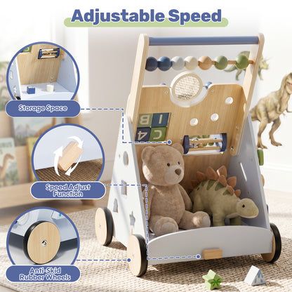 Toddler Push Walker, Wooden Push Walking Toys for 1-3 Year Old, Adjustable Speed Walker for Boy Girls, Dinosaur Toddler Walker, Montessori Walker Toy, Sit to Stand Walker with Activity Center