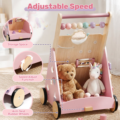 Baby Push Walker, Wooden Baby Walking Toys for 1 Year Old, Adjustable Speed Walker for Baby Boy Girls, Unicorn Toddler Walker, Montessori Walker Toy, Sit to Stand Walker with Baby Activity Center