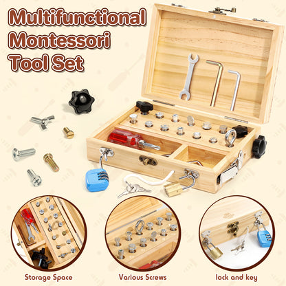 Wooden Montessori Toys for 3 Year Old, Busy Board Toys for 4 5 Year Old, Kid Tool Set for Toddlers, Educational Learning Toys, Screwdriver Board Set with Kinds of Locks & Tools, Gifts for Boys Girls