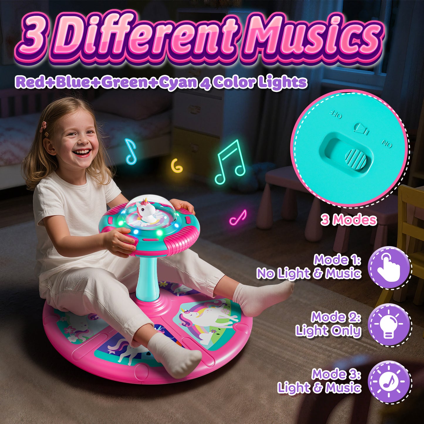 Unicorn Sit and Spin Toys for Toddlers, 360° Spinning Seat with LED Lights & Music, Sensory Spinning Chair for Body Balance Training, Sensory Toys for Ages 2-4 and Up, Best Birthday Christmas Gifts