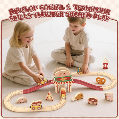 Train Set, Wooden Train Set for Kids, Train Toys for Toddlers, Wooden Train Tracks for Kids 2 3 4 5+ Years Old, Hamburger Pizza Theme, Great Gift for Boys Girls - Compatible with Other Brands