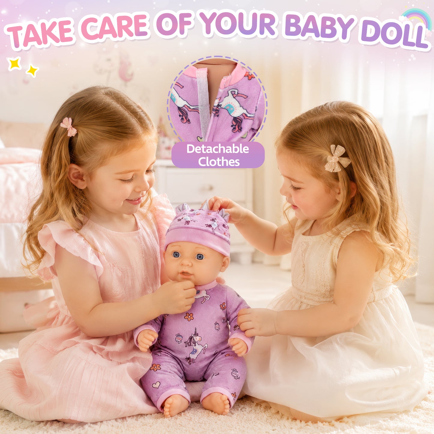 12" Baby Doll Set with Carrier Bassinet Bed, Unicorn Theme Realistic Baby Doll Toys with Pillow, Clothes & Feeding Kit, Pretend Play Set Interactive Role Play Toy Gift for Boys Girls 3+ Years Old