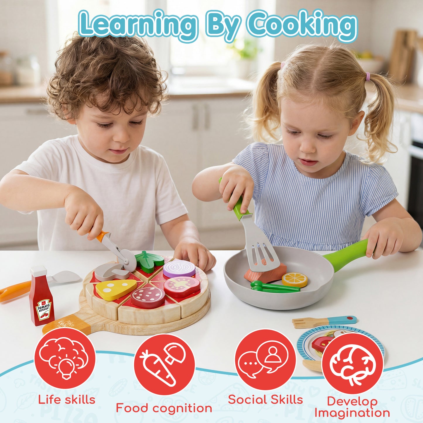 Play Food, Wooden Play Food Set for Kids, Play Kitchen, Kids Cutting Pretend Play Pizza Fake Food Toys for 3 4 5 6 7 Years, Girls Boys Toddlers Educational Toys