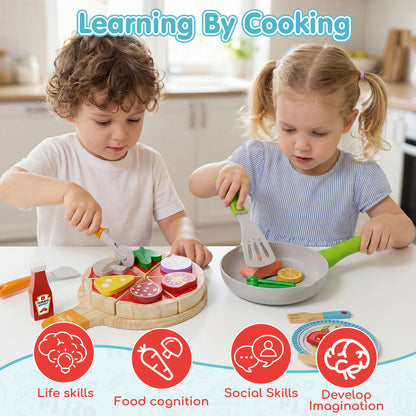 Play Food, Wooden Play Food Set for Kids, Play Kitchen, Kids Cutting Pretend Play Pizza Fake Food Toys for 3 4 5 6 7 Years, Girls Boys Toddlers Educational Toys