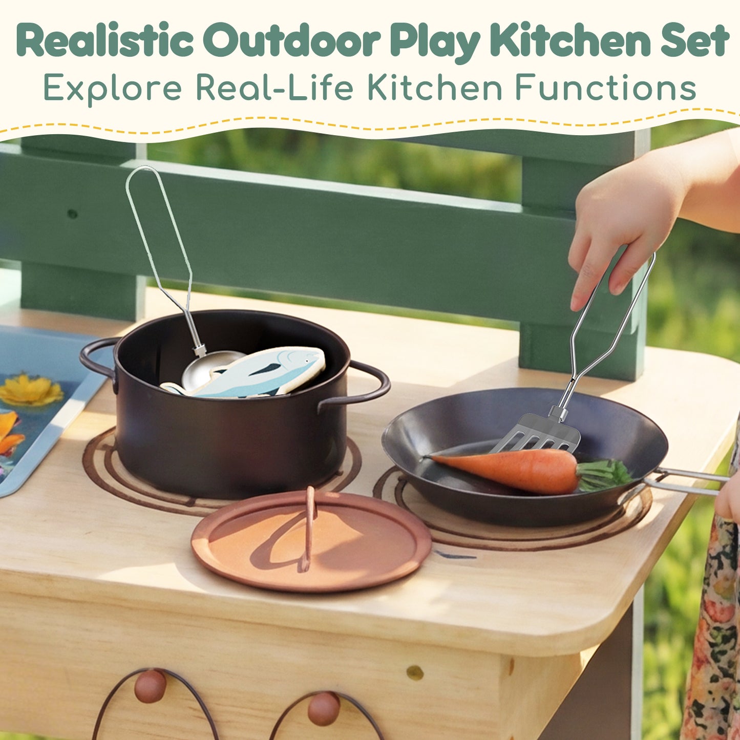 Outdoor Mud Kitchen for Kids, Wooden Play Kitchen with Real Water Play, Cooking Pots, Gardening Tools, Weather-Resistant Design, Storage & Planting Area, Sensory Toy Kitchen for Pretend Play Age 3+