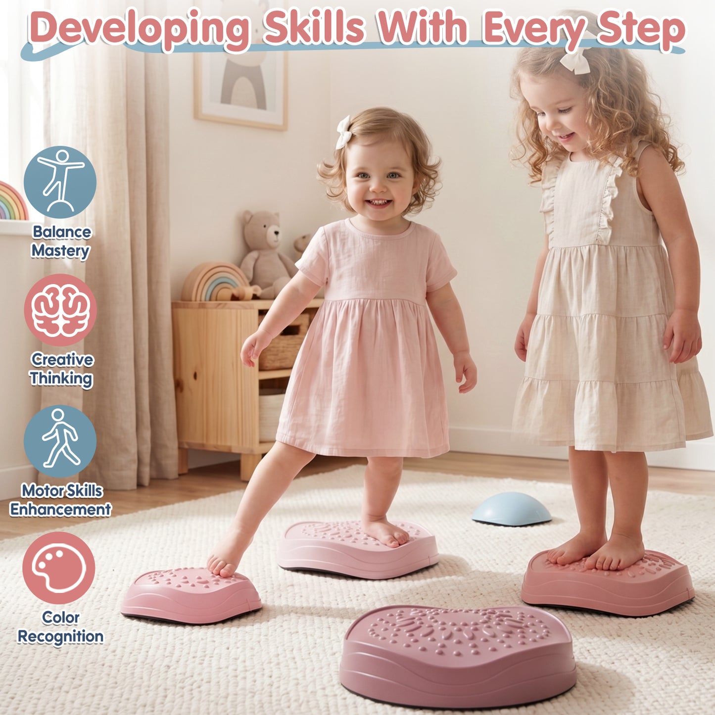 Stepping Stones for Kids, Upgraded Support Bones Toddler Stepping Stones, 5 Pcs Non-Slip Balance Stepping Stones, Up to 220lbs, Coordination Skills Sensory Toys for Ages 2 3 4 5 6+ Girls