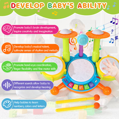 Kids Drum Set Toddler Toys for Boys Girls Kids Music Toys for Toddlers Drum Set for Kids with 2 Drumsticks and Microphone Baby Drums Toys for 1 2 3 Year Old (Pink)