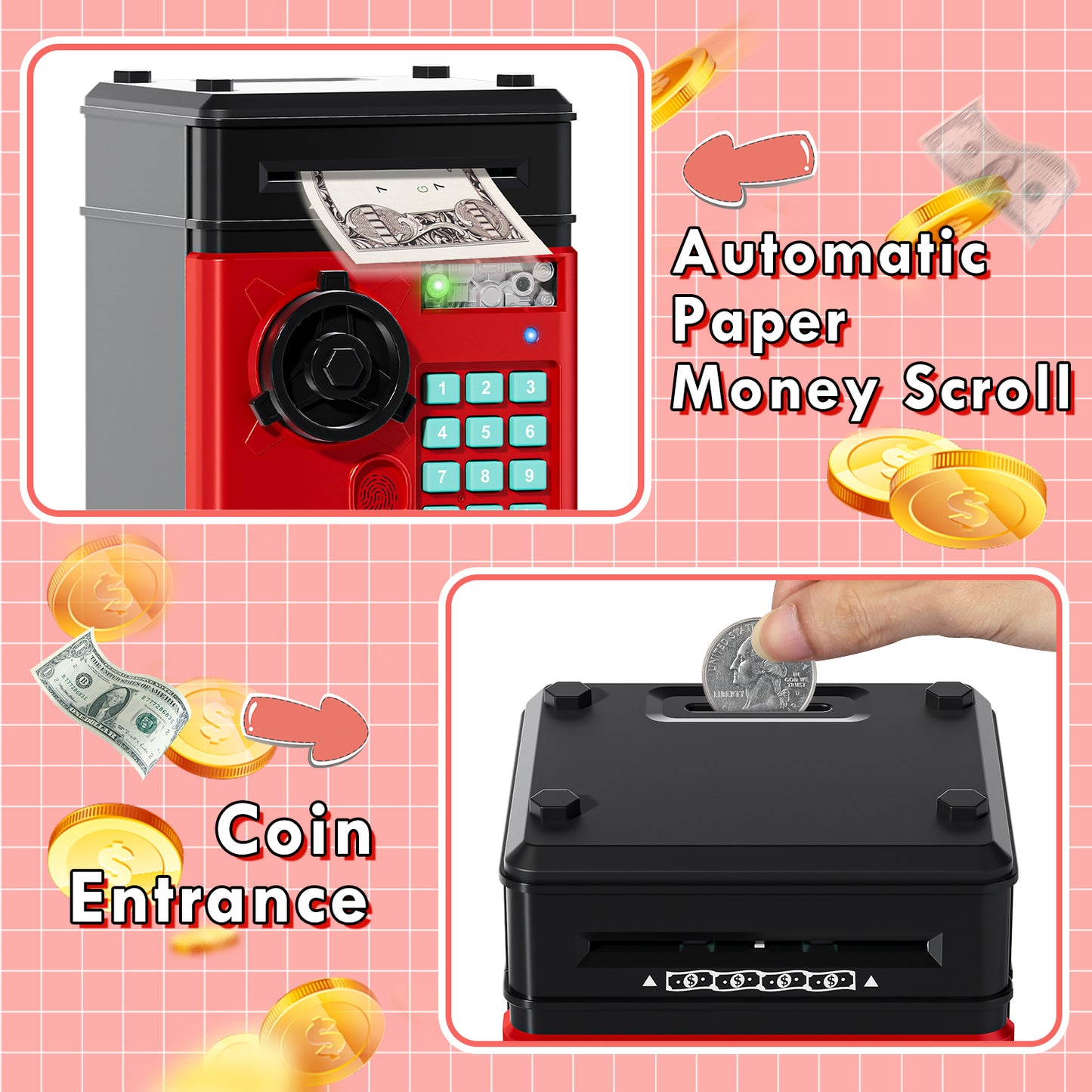 Piggy Banks for Kids, Money Bank with Fingerprint Recognition, Electronic Password Cash Coin Can ATM Bank with Auto Grab Bill Slot, Money Coin Saving Box for Kids, Perfect Gifts for Boys Girls