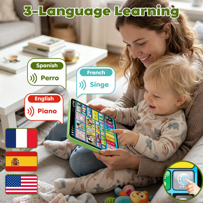 Learning Toys Tablet for Toddlers 1-3, Montessori Toys with Music & Sound, 3 Language Educational Toys, Speech Musical Toys, Early Development Gift for Boys Girls 1 2 3 Years Old (Green)