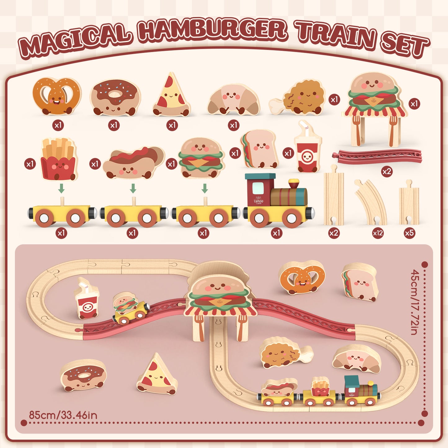 Train Set, Wooden Train Set for Kids, Train Toys for Toddlers, Wooden Train Tracks for Kids 2 3 4 5+ Years Old, Hamburger Pizza Theme, Great Gift for Boys Girls - Compatible with Other Brands