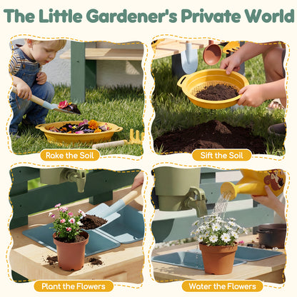 Outdoor Mud Kitchen for Kids, Wooden Play Kitchen with Real Water Play, Cooking Pots, Gardening Tools, Weather-Resistant Design, Storage & Planting Area, Sensory Toy Kitchen for Pretend Play Age 3+