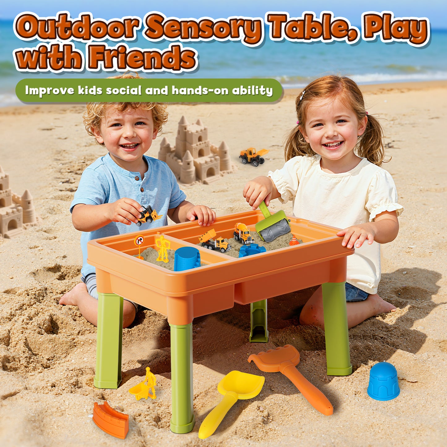 Sand Table for Kids, Sensory Table with Sand, Sensory Bin with Lid & 2.6lbs Play Sand, 6 Construction Vehicles & Sand Toys, Sensory Toys Gifts for Toddler Boys Girls