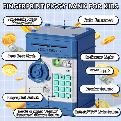 Piggy Banks for Kids, Money Bank with Fingerprint Recognition, Electronic Password Cash Coin Can ATM Bank with Auto Grab Bill Slot, Money Coin Saving Box for Kids, Perfect Gifts for Boys Girls