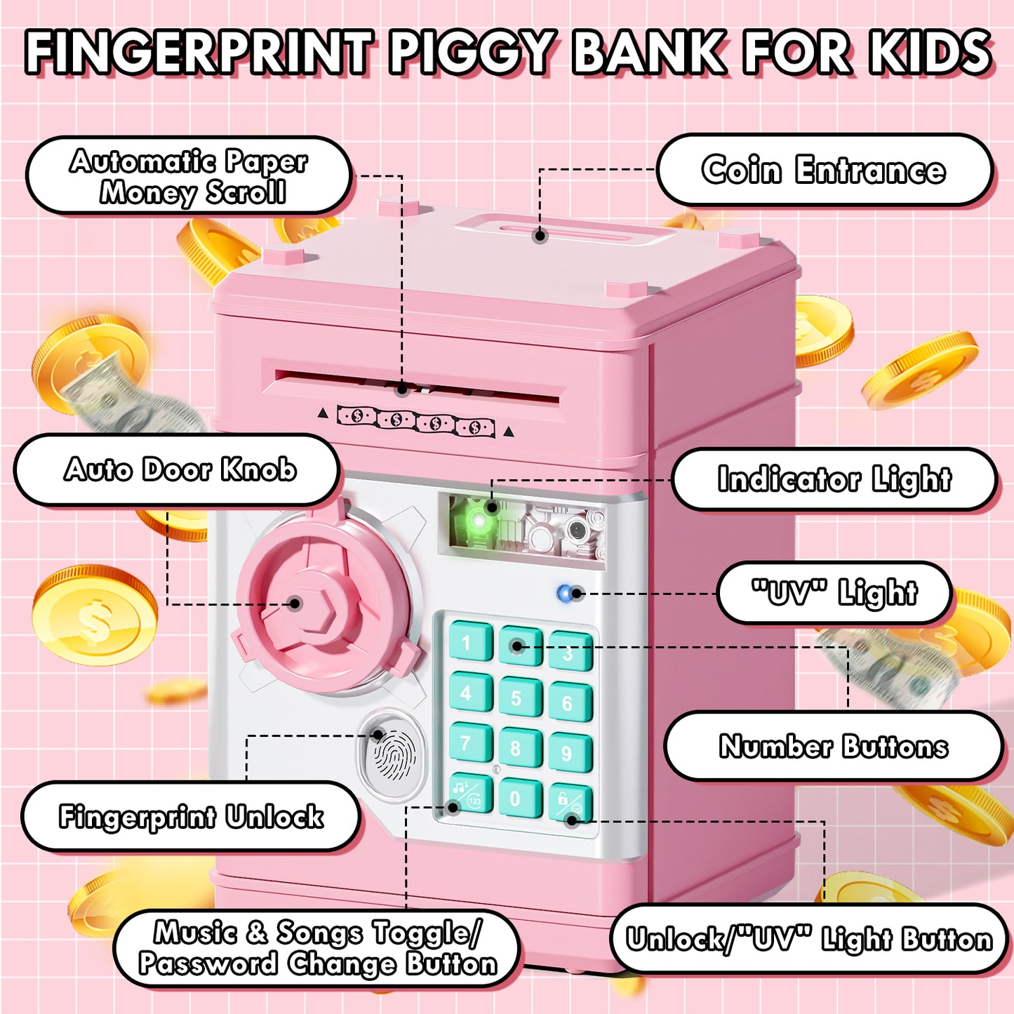 Piggy Banks for Kids, Money Bank with Fingerprint Recognition, Electronic Password Cash Coin Can ATM Bank with Auto Grab Bill Slot, Money Coin Saving Box for Kids, Perfect Gifts for Boys Girls, Pink