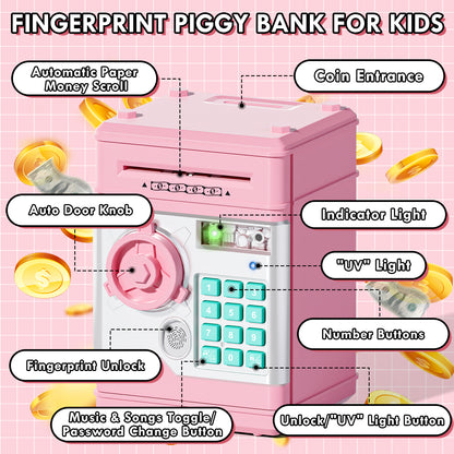 Piggy Banks for Kids, Money Bank with Fingerprint Recognition, Electronic Password Cash Coin Can ATM Bank with Auto Grab Bill Slot, Money Coin Saving Box for Kids, Perfect Gifts for Boys Girls, Pink