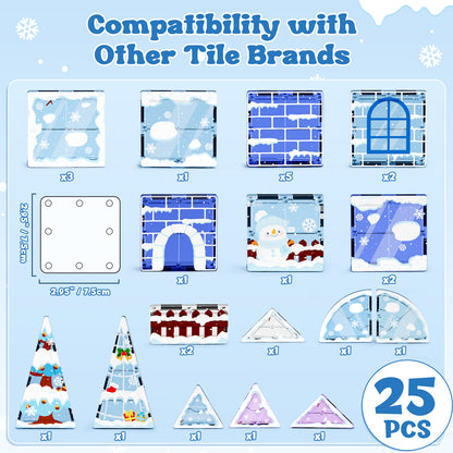 Magnetic Tiles, Snow & Ice Theme 25 PCS Magnetic Blocks, Montessori Learning Toys for 3 to 4 Year, Magnetic Construction Toys for Toddlers 3-6 Years Old, Educational Toys for Boys Girls