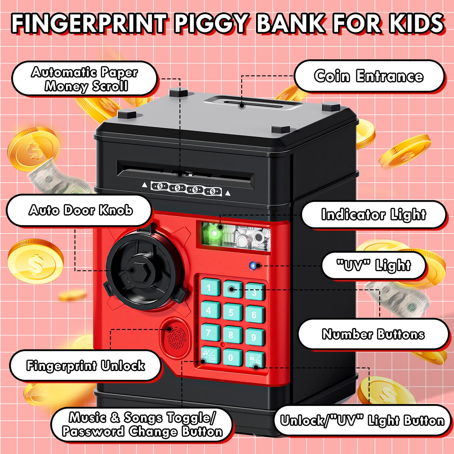 Piggy Banks for Kids, Money Bank with Fingerprint Recognition, Electronic Password Cash Coin Can ATM Bank with Auto Grab Bill Slot, Money Coin Saving Box for Kids, Perfect Gifts for Boys Girls
