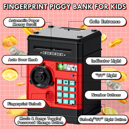 Piggy Banks for Kids, Money Bank with Fingerprint Recognition, Electronic Password Cash Coin Can ATM Bank with Auto Grab Bill Slot, Money Coin Saving Box for Kids, Perfect Gifts for Boys Girls