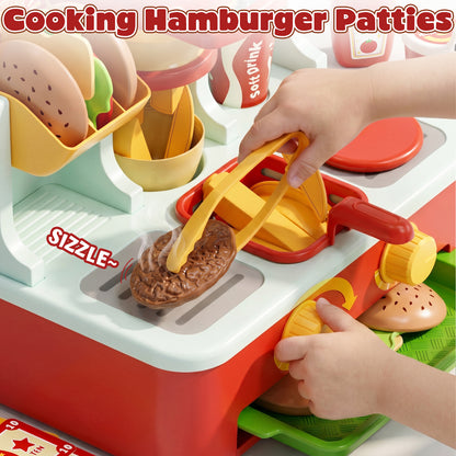 Restaurant Play Food Set Toy, Pretend Play, Fast Food Hamburger Store Play Set with Potato Cutter, Drink Station, Menu, Cash, Preschool Interactive Role Play Toy Gift for Boys Girls 2-5 Years Old