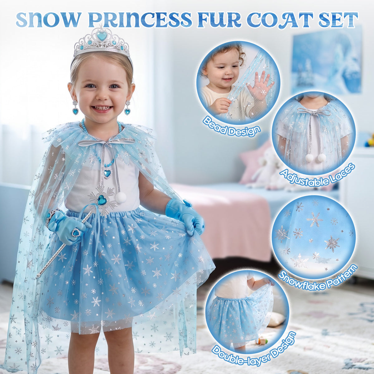 Princess Dress Up Toddler Girl Toys, Dress Up for Girls 3 4 5 6 Year Old, Princess Toys for Toddler Girls, Include Cloak, Gloves, Jewelry, Princess Wand... Birthday Gift for Girls (Ice & Snow)
