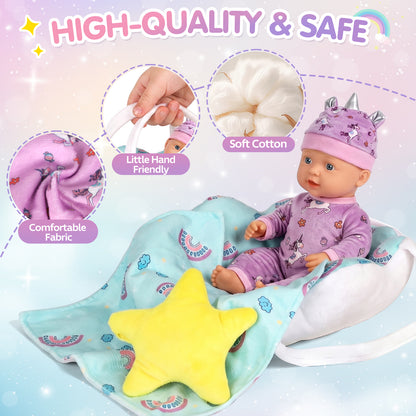 12" Baby Doll Set with Carrier Bassinet Bed, Unicorn Theme Realistic Baby Doll Toys with Pillow, Clothes & Feeding Kit, Pretend Play Set Interactive Role Play Toy Gift for Boys Girls 3+ Years Old