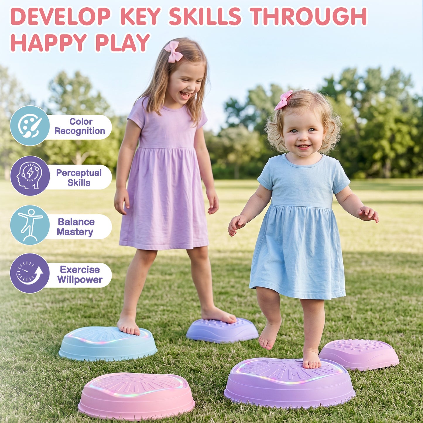 Stepping Stones for Kids, Upgraded Toddler Stepping Stones with Lights & Sounds, 5 Pcs Non-Slip Balance Stepping Stones, Up to 220 lbs, Coordination Skills Sensory Toys for Ages 2 3 4 5 6+ Girls