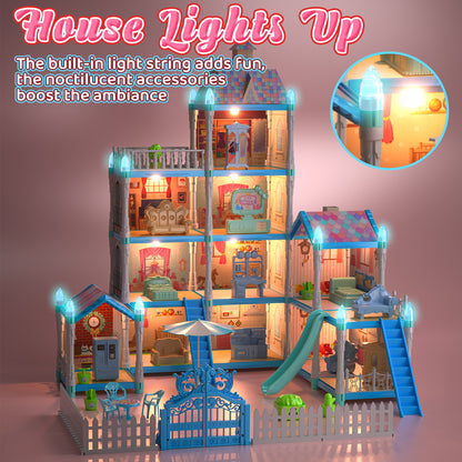 Dollhouse for Girls, 11 Rooms Huge Doll House with LED Lights, Noctilucent, 1 Doll, 2 Dogs, Furnitures, Pretend Play Toys for Girls, Best Birthdays Christmas Gift for Girls Age 3+