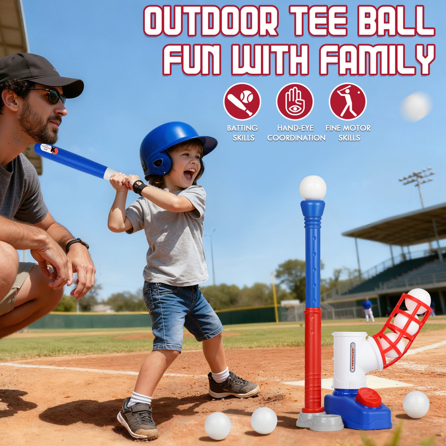 T Ball Set Toys for Kids Boys 3-5, Kids Baseball Toys Includes 6 Balls, for Age 3 to 6, Toddler Baseball Game Sports & Outdoors Toys, Auto Ball Launcher - Blue