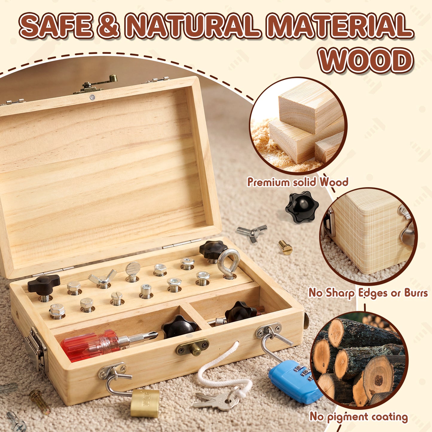 Wooden Montessori Toys for 3 Year Old, Busy Board Toys for 4 5 Year Old, Kid Tool Set for Toddlers, Educational Learning Toys, Screwdriver Board Set with Kinds of Locks & Tools, Gifts for Boys Girls
