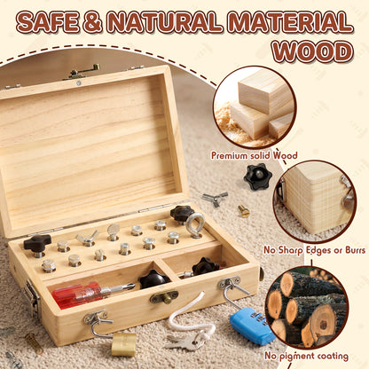 Wooden Montessori Toys for 3 Year Old, Busy Board Toys for 4 5 Year Old, Kid Tool Set for Toddlers, Educational Learning Toys, Screwdriver Board Set with Kinds of Locks & Tools, Gifts for Boys Girls