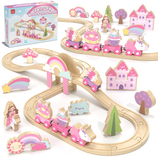 Train Set, Wooden Train Set for Kids, Train Toys for Toddlers, Toy Train with Train Tracks, Wooden Unicorn Toys for Kids 2 3 4 5+ Years Old, Great Gift for Boys Girls - Compatible with Other Brands