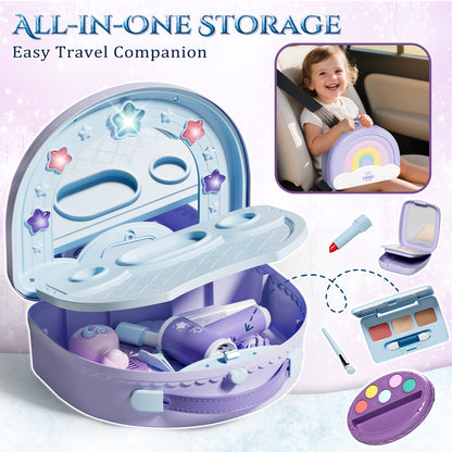 Kids Vanity Sets for Girls, Toddler Portable Vanity Set Makeup Table for Kids, Girls Vanity with Mirror & Lights & Music & Pretend Cosmetics & Hair Dryer, Toddler Toys for 2-5 Year Old Girls
