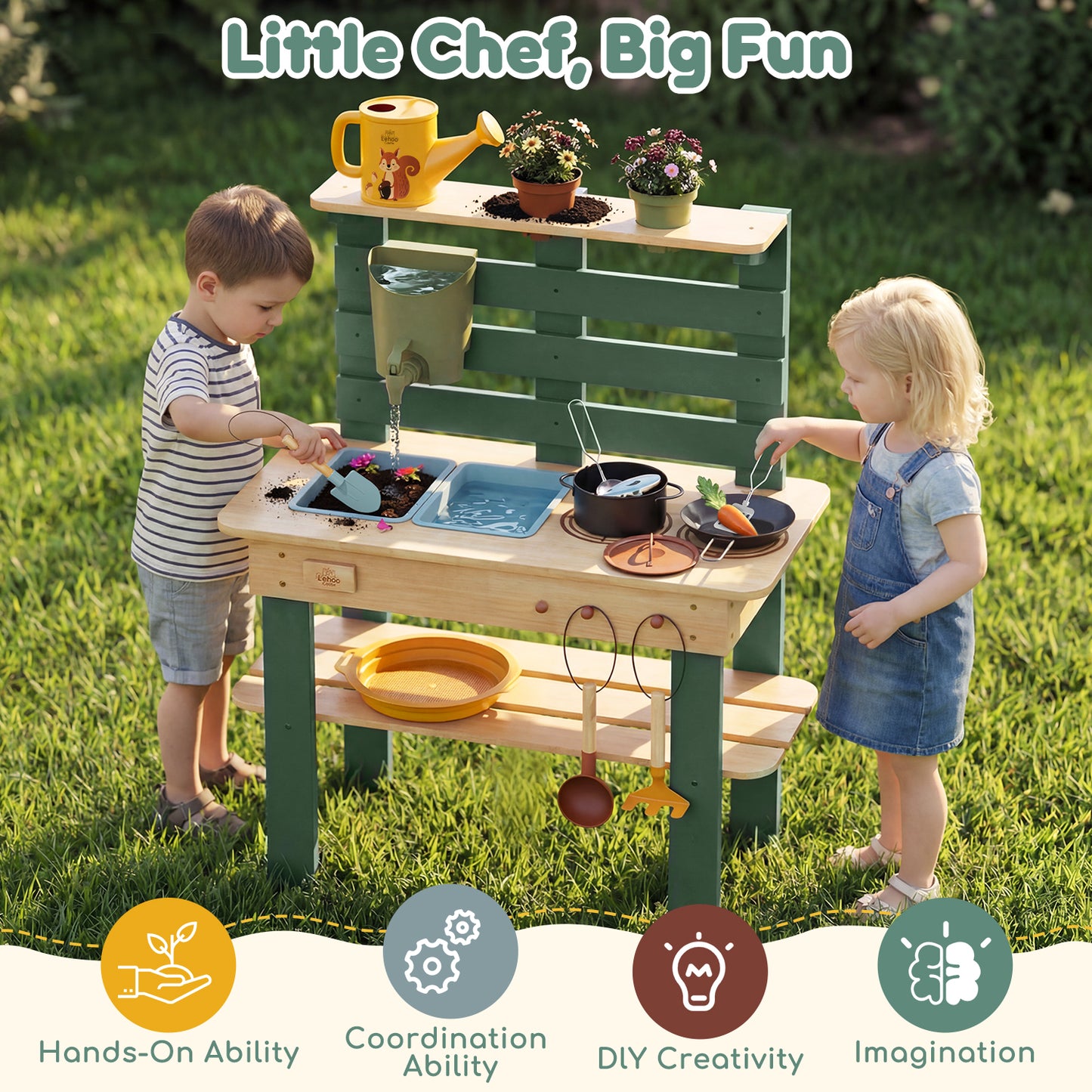 Outdoor Mud Kitchen for Kids, Wooden Play Kitchen with Real Water Play, Cooking Pots, Gardening Tools, Weather-Resistant Design, Storage & Planting Area, Sensory Toy Kitchen for Pretend Play Age 3+