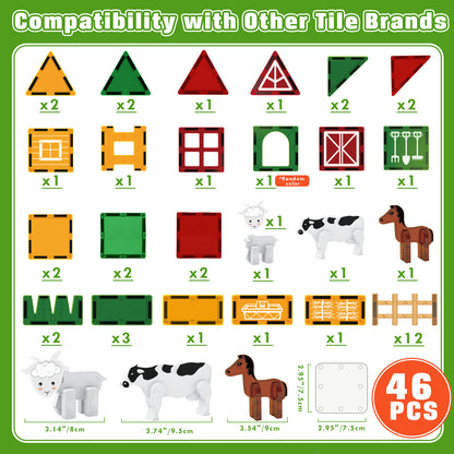 Magnetic Tiles, Farm Animals Theme 46 PCS Magnetic Blocks, Montessori Learning Toys for 3 to 4 Year, Magnetic Construction Toys for Toddlers 3-6 Years Old, Educational Toys for Boys Girls