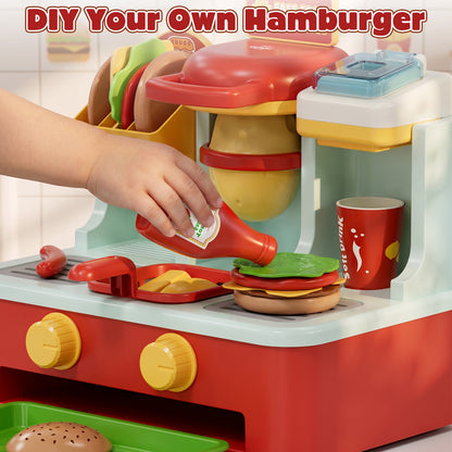 Restaurant Play Food Set Toy, Pretend Play, Fast Food Hamburger Store Play Set with Potato Cutter, Drink Station, Menu, Cash, Preschool Interactive Role Play Toy Gift for Boys Girls 2-5 Years Old
