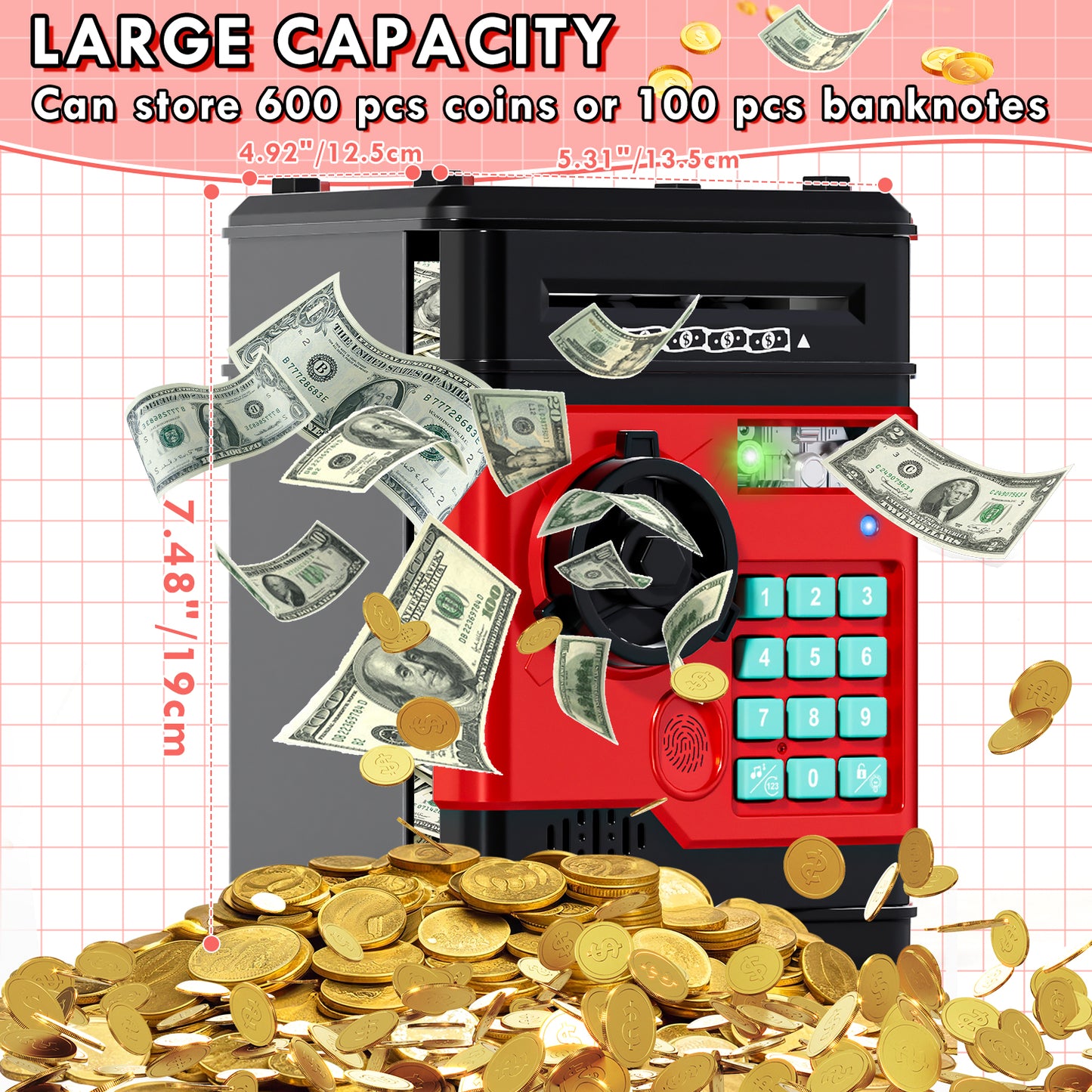 Piggy Banks for Kids, Money Bank with Fingerprint Recognition, Electronic Password Cash Coin Can ATM Bank with Auto Grab Bill Slot, Money Coin Saving Box for Kids, Perfect Gifts for Boys Girls