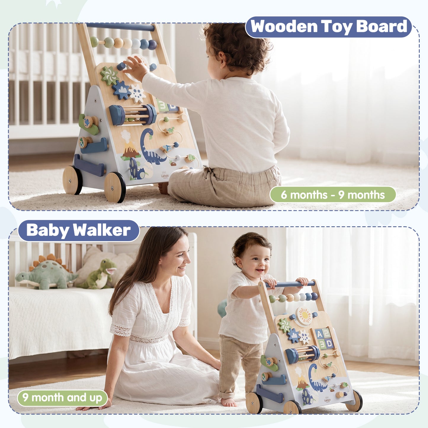 Toddler Push Walker, Wooden Push Walking Toys for 1-3 Year Old, Adjustable Speed Walker for Boy Girls, Dinosaur Toddler Walker, Montessori Walker Toy, Sit to Stand Walker with Activity Center