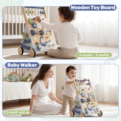 Toddler Push Walker, Wooden Push Walking Toys for 1-3 Year Old, Adjustable Speed Walker for Boy Girls, Dinosaur Toddler Walker, Montessori Walker Toy, Sit to Stand Walker with Activity Center