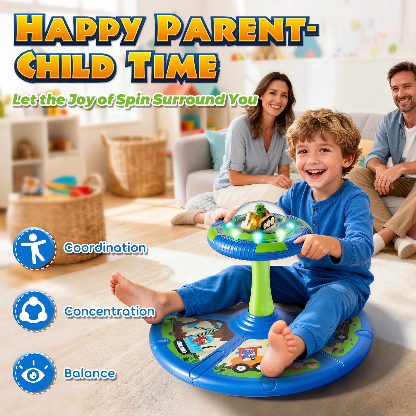 Sit and Spin Toys for Toddlers, 360° Dinosaur Toddler Spinning Seat with LED Lights & Music, Sensory Spinning Chair, Sensory Toys for Ages 2-4 and Up, Best Birthday Christmas Gifts