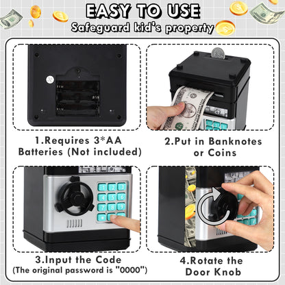 Piggy Banks for Kids, Money Bank, Piggy Bank for Boys Girls, Electronic Password Cash Coin Can ATM Bank with Auto Grab Bill Slot, Money Coin Saving Box for Kids, Perfect Gifts for Boys Girls