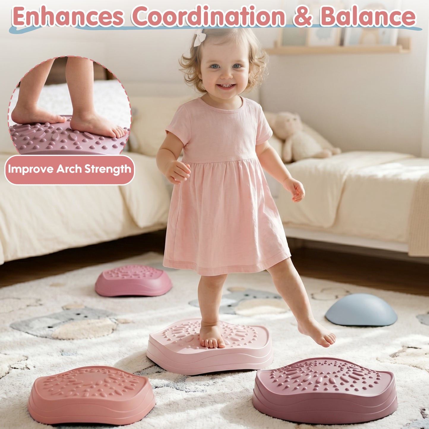 Stepping Stones for Kids, Upgraded Support Bones Toddler Stepping Stones, 5 Pcs Non-Slip Balance Stepping Stones, Up to 220lbs, Coordination Skills Sensory Toys for Ages 2 3 4 5 6+ Girls