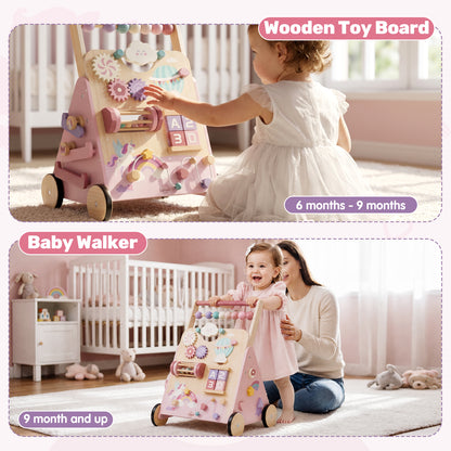 Baby Push Walker, Wooden Baby Walking Toys for 1 Year Old, Adjustable Speed Walker for Baby Boy Girls, Unicorn Toddler Walker, Montessori Walker Toy, Sit to Stand Walker with Baby Activity Center