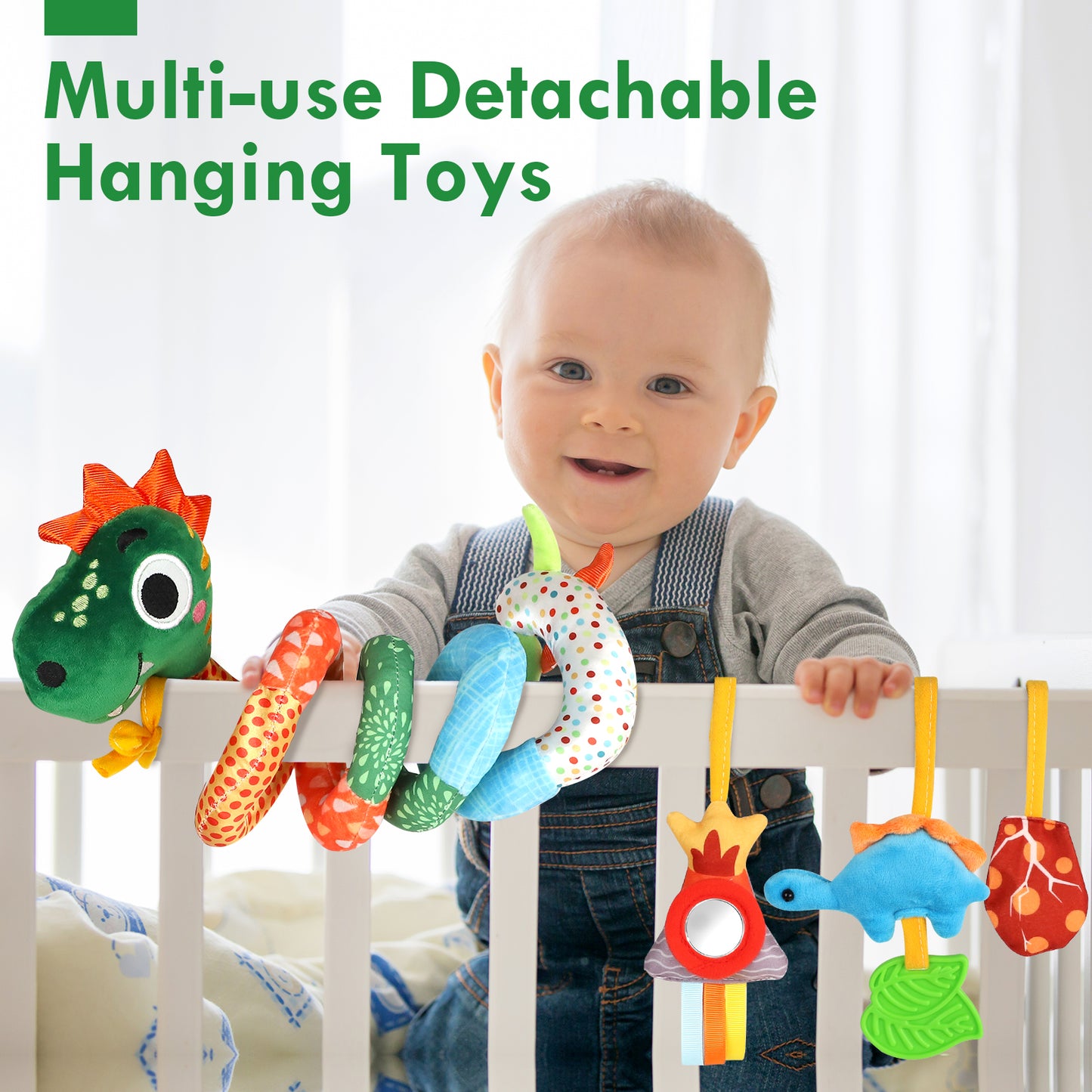 Baby Car Seat Toys, Baby Toys with Teething & Sensory Toys, Dinosaur Baby Crib Bed Around, Infant Newborn Baby Hanging Toys for 0 3 6 9 12 Months Baby Boys Girls