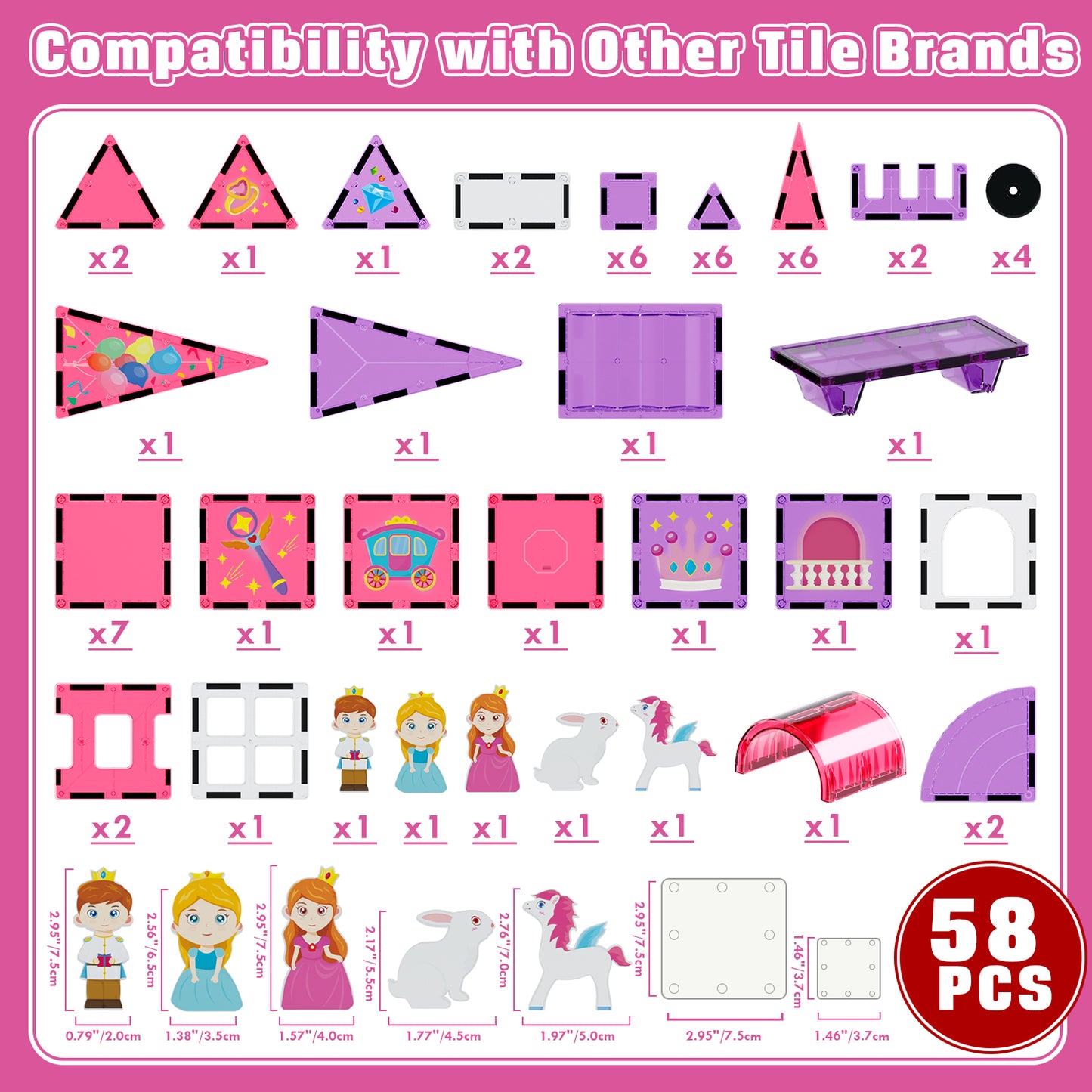 Magnetic Tiles, Princess Theme 58 PCS Magnetic Blocks, Montessori Learning Toys for 3 to 4 Year, Magnetic Construction Toys for Toddlers 3-6 Years Old, Educational Toys for Boys Girls