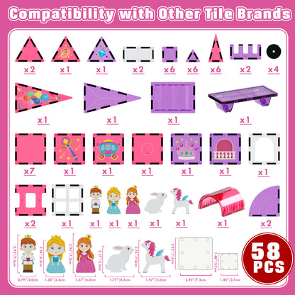 Magnetic Tiles, Princess Theme 58 PCS Magnetic Blocks, Montessori Learning Toys for 3 to 4 Year, Magnetic Construction Toys for Toddlers 3-6 Years Old, Educational Toys for Boys Girls