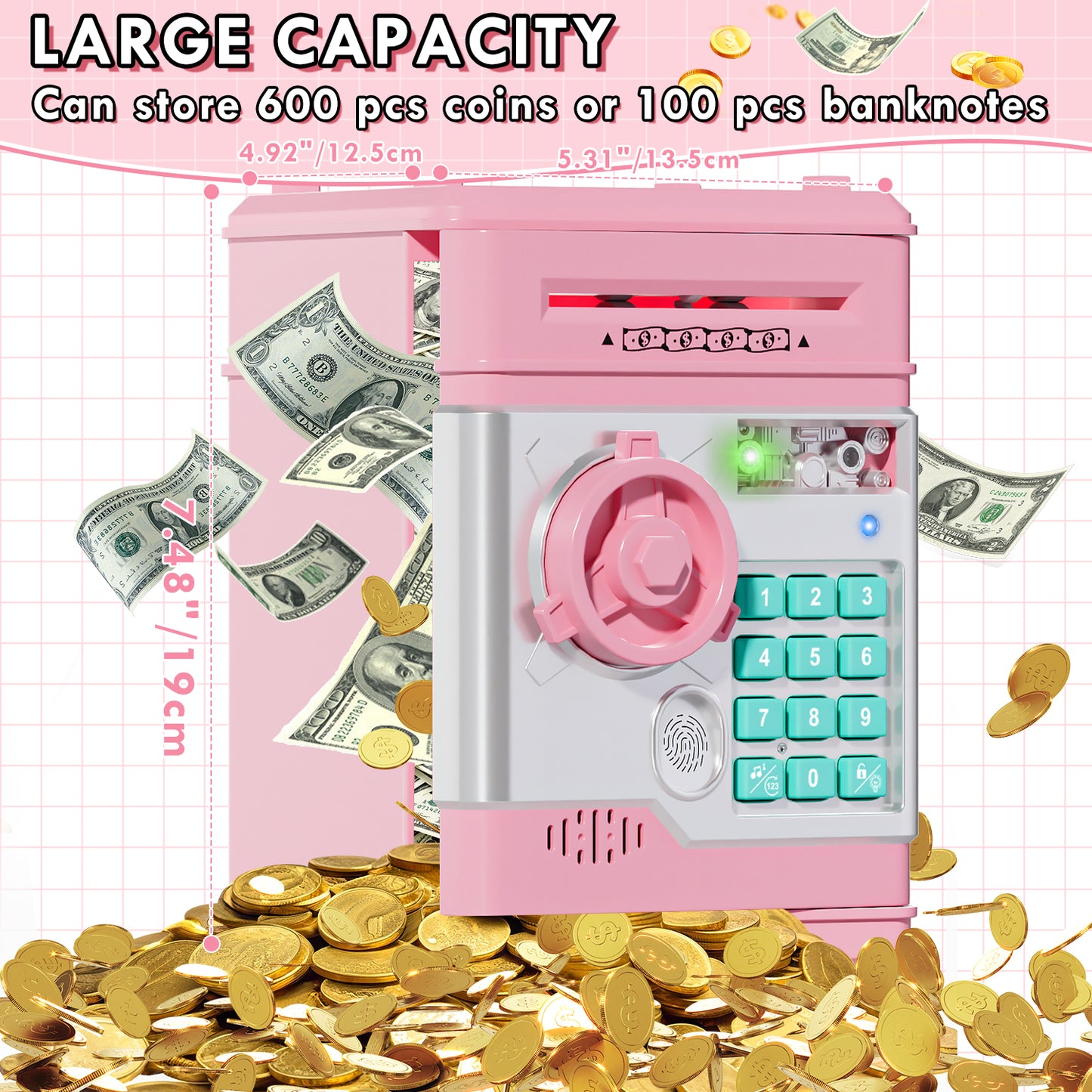 Piggy Banks for Kids, Money Bank with Fingerprint Recognition, Electronic Password Cash Coin Can ATM Bank with Auto Grab Bill Slot, Money Coin Saving Box for Kids, Perfect Gifts for Boys Girls, Pink