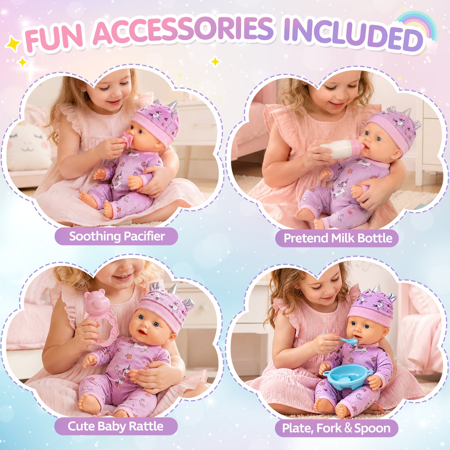 12" Baby Doll Set with Carrier Bassinet Bed, Unicorn Theme Realistic Baby Doll Toys with Pillow, Clothes & Feeding Kit, Pretend Play Set Interactive Role Play Toy Gift for Boys Girls 3+ Years Old