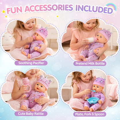 12" Baby Doll Set with Carrier Bassinet Bed, Unicorn Theme Realistic Baby Doll Toys with Pillow, Clothes & Feeding Kit, Pretend Play Set Interactive Role Play Toy Gift for Boys Girls 3+ Years Old