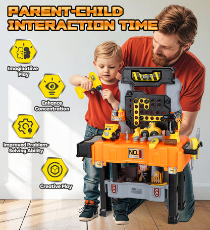 Kids Tool Bench Play Set, Educational Boy Toys, Kids Tool Set, Foldable Kids Workbench with Realistic Tools & Electric Drill & Take Apart Toy Cars, Construction Toys for Boys Age 2 3 Birthday Gifts